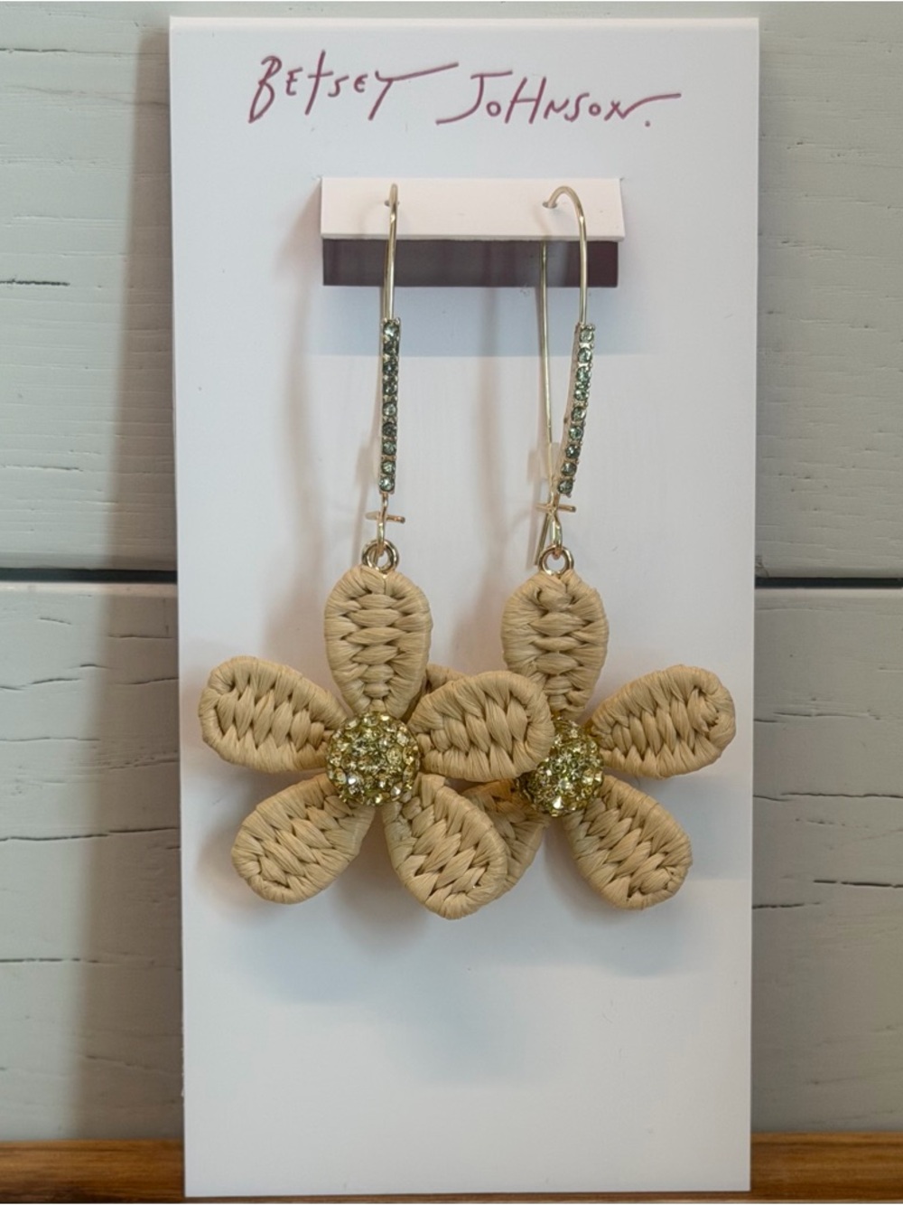 Betsey Johnson Spring Chick Daisy Drop Earrings Gold Tone Raffia Wrapped Easter